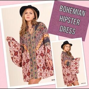 Umgee Mixed Paisley Bell Sleeve Boho Hippie Style Dress, Flower Child